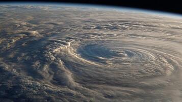 Aerial view of powerful hurricane swirling over ocean with dramatic clouds and atmospheric patterns captured from space photo