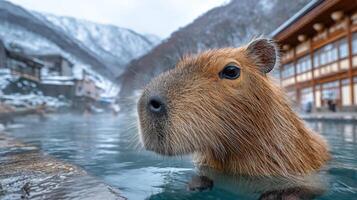 Capybara Relaxing in Hot Spring Surrounded by Snowy Mountains and Wooden Architecture at a Serene Location photo