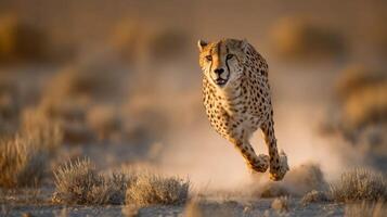 Fast Cheetah Running Across Desert Landscape with Dust in Background During Golden Hour Light photo