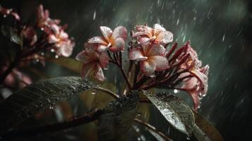 Rain-kissed flowers with droplets on petals and leaves in a lush tropical setting, showcasing nature's beauty and tranquility photo