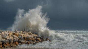 Powerful Ocean Waves Crash Against Rocky Shoreline Under Dramatic Cloudy Sky photo