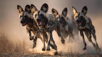 Four Wild Dogs in Motion, Running Together Through Dusty Terrain with Eager Expressions and Focused Gazes in Natural Habitat photo
