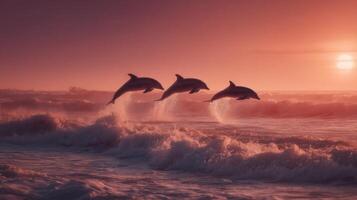 Majestic dolphins leaping through ocean waves at sunset, showcasing nature's beauty and grace in stunning serenity photo