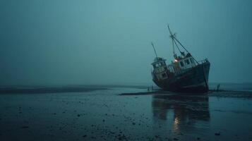 Rusty Shipwreck on a Foggy Shore with Calm Waters and Mysterious Atmosphere in Twilight Setting photo