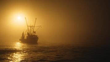 Fishing Boat Silhouetted in Foggy Waters at Sunrise with Warm Orange Light and Gentle Waves Surrounding the Vessel photo