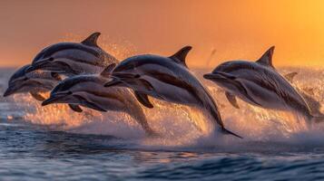 Dynamic Group of Dolphins Leaping Through Ocean Waves at Sunset Creating a Beautiful Display of Nature's Wonders photo