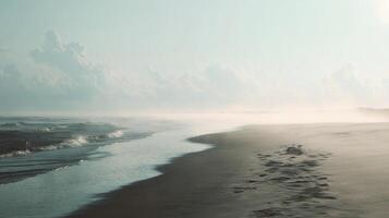Serene Beach Landscape with Gentle Waves and Distant Clouds Under Soft Light at Dawn or Dusk by the Ocean Shore photo