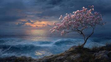 Serene Seascape with Pink Blossom Tree Against Dark Sky at Dusk, Gentle Waves Crashing on Rocky Shore, Tranquil Nature Scene photo