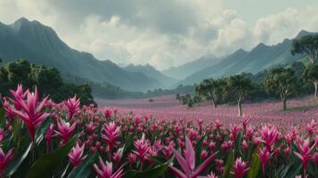 Vibrant Pink Flower Field Against Majestic Mountain Landscape Under Dramatic Clouds in a Serene Setting photo