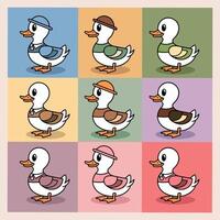 Cartoon Penguin Characters in Winter Outfits Cute stickers Set cartoon duck with different hats and clothes vector