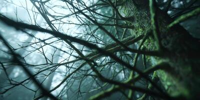 Close-Up View of Twisted Tree Branches Surrounded by Mist in a Dense Forest Setting photo