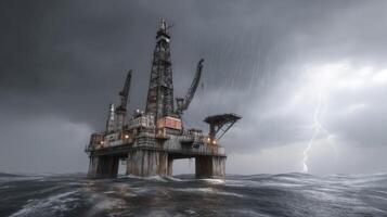 Offshore oil rig in stormy weather with lightning striking the ocean waves during a dramatic maritime scene photo