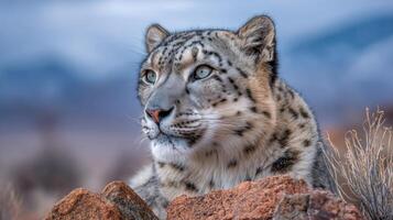 a snow leopard is sitting on a rock photo