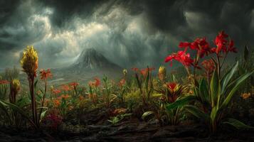 Vibrant Red Flowers Against Dramatic Stormy Sky with Volcano in Background, Nature Landscape Photography photo