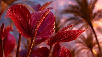Vibrant Red Tropical Flowers with Palm Leaves Under Soft Sunset Glow in Exotic Environment photo