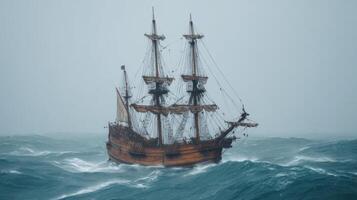Majestic sailing ship navigating through stormy ocean waves under overcast sky, evoking adventure and intrigue on the high seas photo