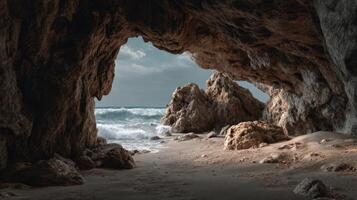 Serene Coastal Cave View with Turquoise Waves and Rocky Formations Against a Dramatic Cloudy Sky photo