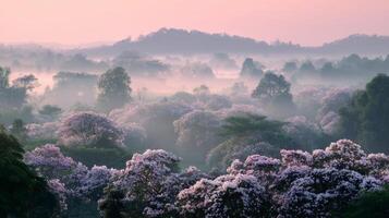 Serene Landscape of Misty Mountains Surrounded by Blooming Flowers at Dawn in Soft Pastel Colors photo