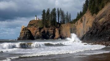 Scenic coastal view with crashing waves near a rugged cliffside lighthouse surrounded by tall evergreen trees and dramatic skies photo
