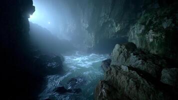 Mysterious Cave Scene with Ethereal Light, Rocky Shores, and Gentle Waves Surrounded by Dark Shadows and Soft Mist photo
