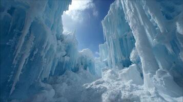 Majestic Ice Cave with Towering Glaciers and Bright Blue Sky Above, Natural Winter Wonderland Scene photo