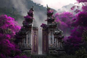Enchanting Lavender Landscape with Majestic Gate Surrounded by Lush Flora and Mist in Mystical Environment photo