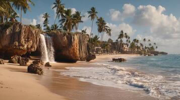 Serene Tropical Beach with Waterfall, Palm Trees, and Gentle Waves under Clear Sky, Perfect for Vacation and Relaxation photo