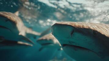 Close-up View of Sharks Swimming Underwater in Clear Blue Ocean Environment photo