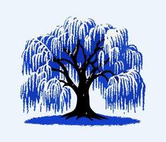 Weeping Willow Tree in Winter, Blue and White Illustration vector