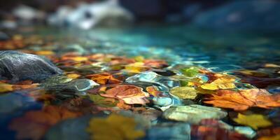 Vibrant Autumn Leaves Floating on Crystal Clear Water Surface in a Serene Natural Environment photo