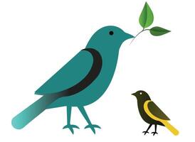 Two Stylized Birds with Foliage One Teal and One Yellow Standing on a White Background Representing Nature and Peace vector