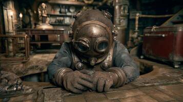 Vintage Diver in Historical Nautical Environment with Antique Equipment and Dim Lighting Creating Atmospheric Depth and Mystery photo