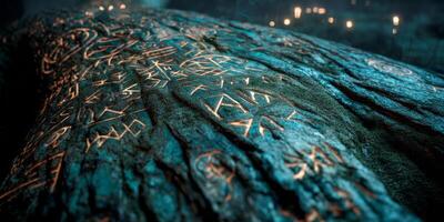 Ancient Runes Carved on Weathered Log in Mysterious Forest Setting with Soft Glow of Lights in Background photo