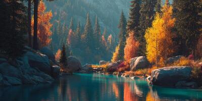 Serene Autumn Landscape with Colorful Foliage and Calm Reflections on Crystal Clear Water in Mountain Setting photo