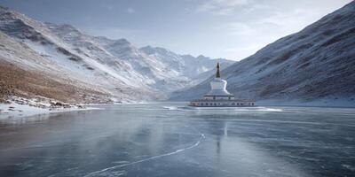 Serene Winter Landscape with a White Stupa Surrounded by Snow-Capped Mountains and a Frozen Lake photo