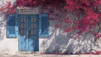 a blue door and a pink tree in front of a white house photo