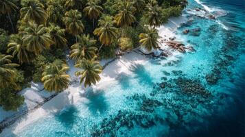 Aerial View of Tropical Island Paradise with Palm Trees, White Sand Beach, and Crystal Clear Blue Water Surrounded by Rocks photo