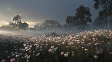 Misty Landscape with Colorful Flowers in a Meadow at Sunrise Surrounded by Trees and Soft Fog in the Morning Light photo