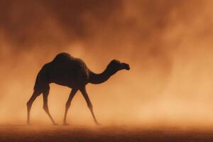Silhouette of a Camel Walking in a Dust Storm at Sunset with Dramatic Orange and Brown Tones in a Desert Landscape photo