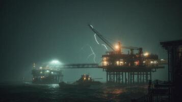 Dramatic Offshore Oil Platform Amidst Thunderstorm and Lightning at Night photo