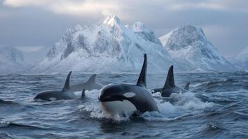 Orcas Swimming in Icy Waters with Snow-Capped Mountains in the Background Under a Dramatic Sky photo