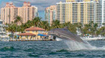 Dolphin Leaping Above Water Against City Skyline with Modern Buildings and Tropical Palm Trees in Background photo
