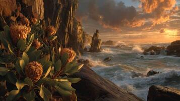 Stunning Coastal Landscape with Vibrant Flora Beside Turbulent Ocean Waves Under Dramatic Sunset Sky photo