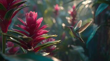 Colorful Hummingbird Hovering Near Pink Tropical Flowers in Lush Green Jungle Setting photo