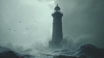 Dramatic Lighthouse Amidst Stormy Seas and Dark Clouds with Birds in Chaotic Sky Perfect for Maritime and Nature Themes photo