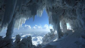 Ice Cave with Stunning Icicles Overlooking a Winter Landscape Under Bright Blue Sky and Fluffy White Clouds photo