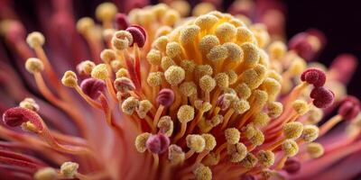 Intricate and Colorful Close-Up of Flower Stamen with Vibrant Yellow and Pink Details Displaying Nature's Beauty photo