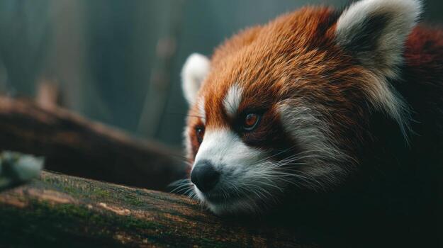 Close-up of a Red Panda Resting on a Branch Amidst a Lush Forest Background in Soft Natural Light photo