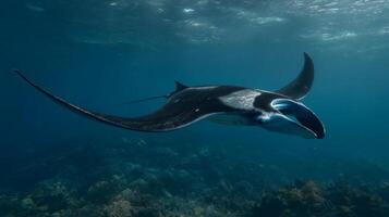 Majestic Manta Ray Gliding Gracefully Through Vibrant Coral Reef in Crystal Clear Ocean Water photo