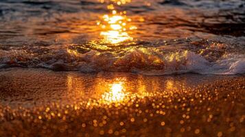 Glimmering Sunset Reflections on Tranquil Ocean Waves with Golden Sands and Shimmering Light Patterns in Warm Evening Glow photo